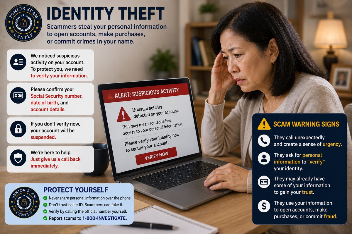 A senior worried at a laptop showing a fake 'suspicious activity' alert urging her to verify her identity, alongside warning signs that scammers call unexpectedly, ask for personal information, and use it to open accounts or commit fraud