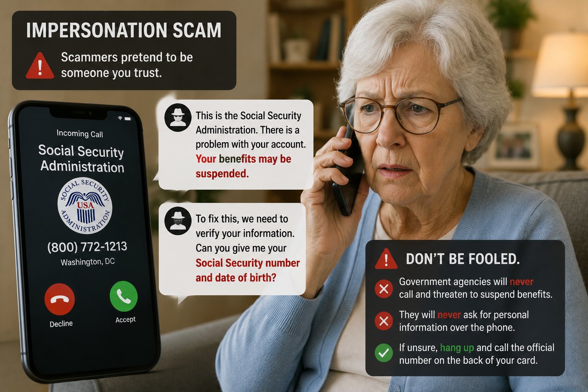 A senior on the phone with a fake Social Security Administration caller demanding her Social Security number, with warnings that government agencies never call to threaten benefits or ask for personal information