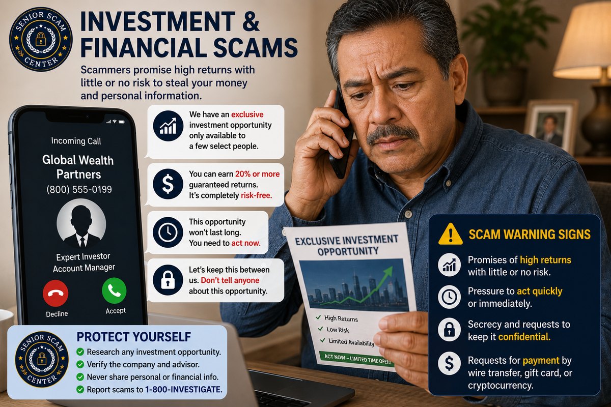 A senior on the phone with a fake investment firm pushing an exclusive, risk-free opportunity with guaranteed high returns, alongside warning signs of pressure to act fast, secrecy, and payment by wire transfer or cryptocurrency