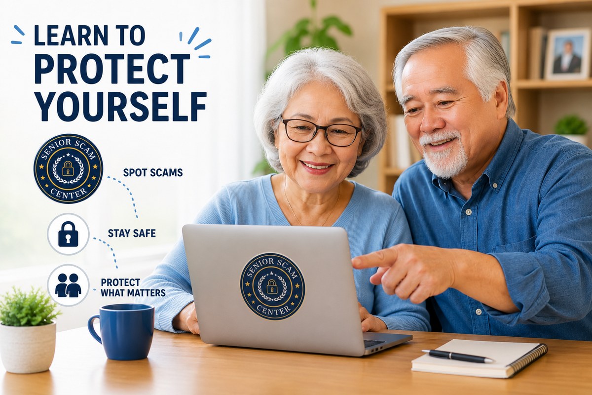 An older couple smiling while using a laptop together — learn to spot scams, stay safe, and protect what matters. Knowledge is your best defense.