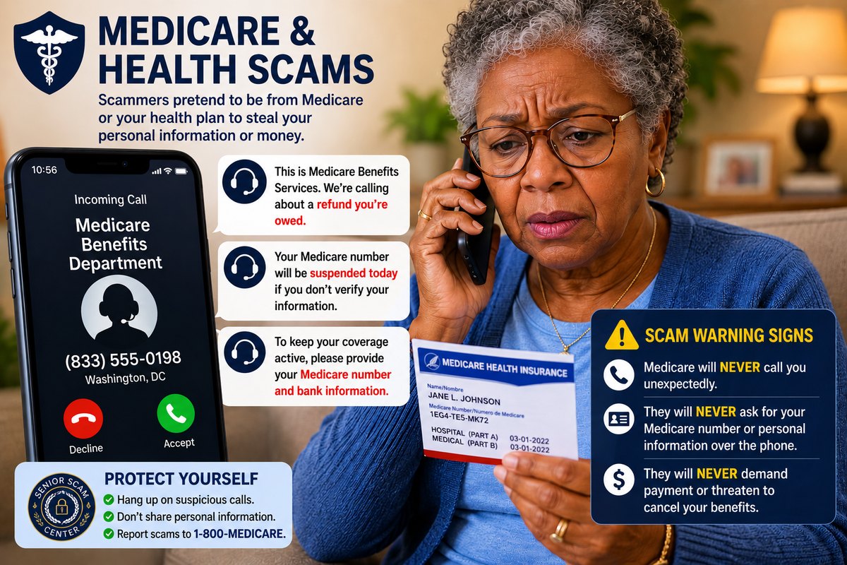 A senior on the phone with a fake Medicare Benefits Department caller demanding her Medicare number and bank information, with warnings that Medicare will never call unexpectedly or ask for personal information