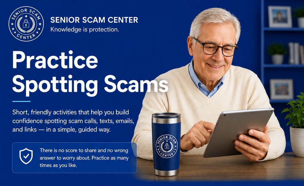 Practice Spotting Scams — short, friendly activities that help you build confidence spotting scam calls, texts, emails, and links. There is no score and no wrong answer; practice as many times as you like.