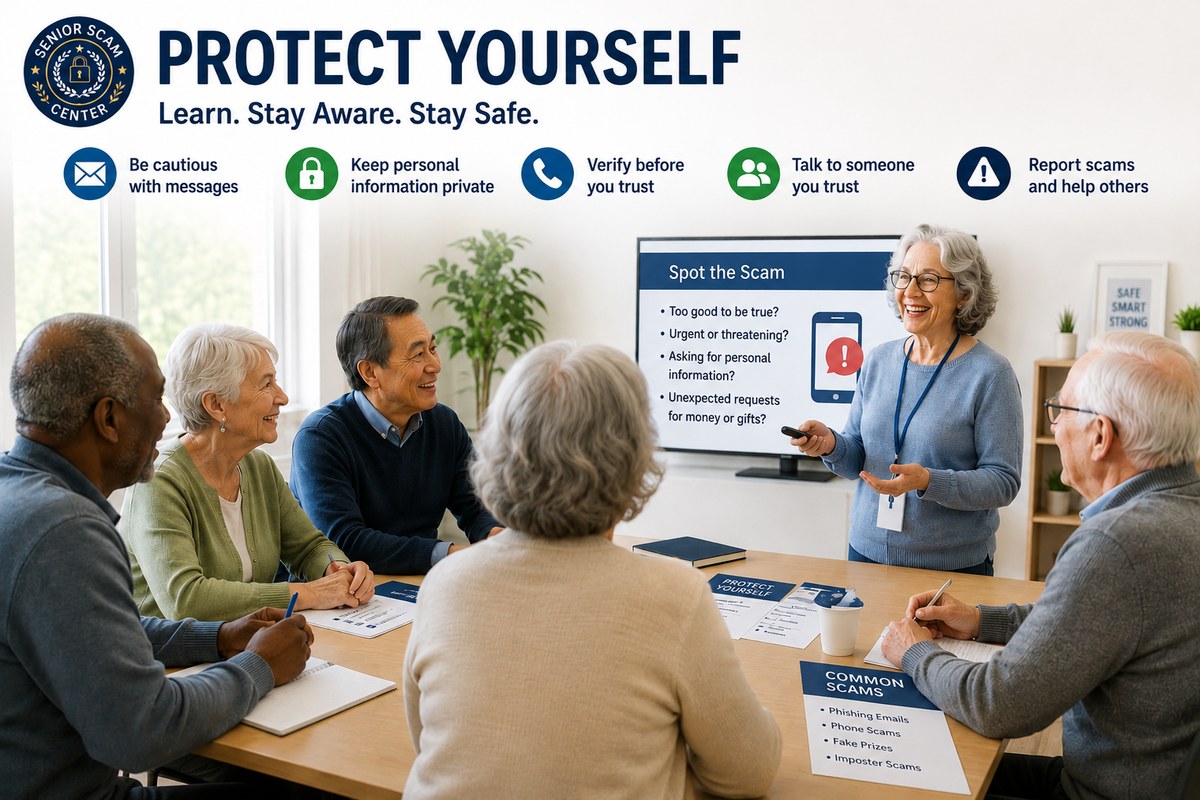 Protect Yourself — Learn. Stay aware. Stay safe. Be cautious with messages, keep personal information private, verify before you trust, talk to someone you trust, and report scams to help others.