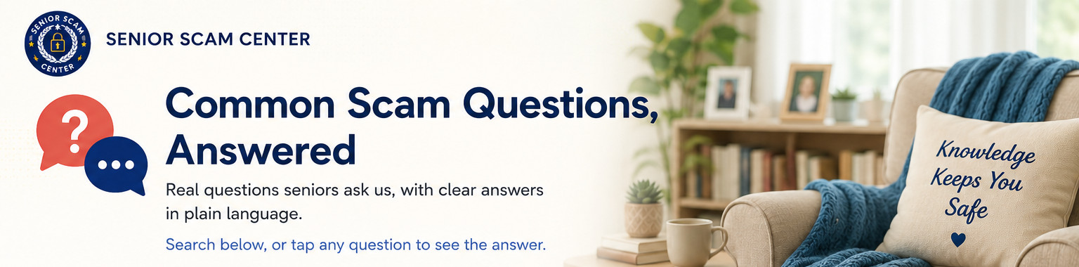 Common Scam Questions, Answered — real questions seniors ask us, with clear answers in plain language. Search below, or tap any question to see the answer.