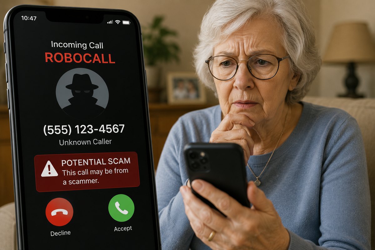 A senior looks concerned at a phone showing an incoming robocall flagged as a potential scam