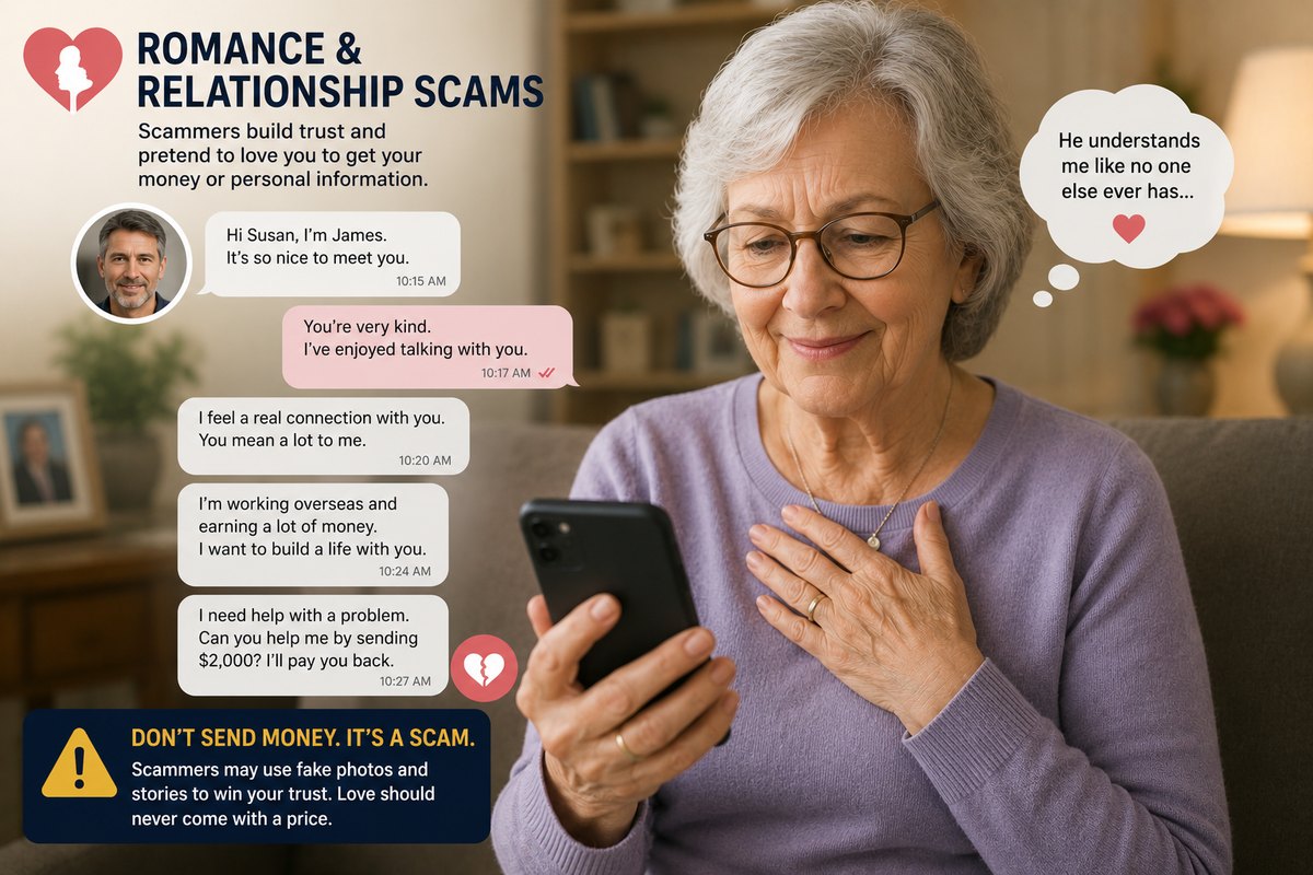 A senior reading affectionate text messages from a scammer posing as a love interest who works overseas and asks her to send $2,000, with a warning never to send money