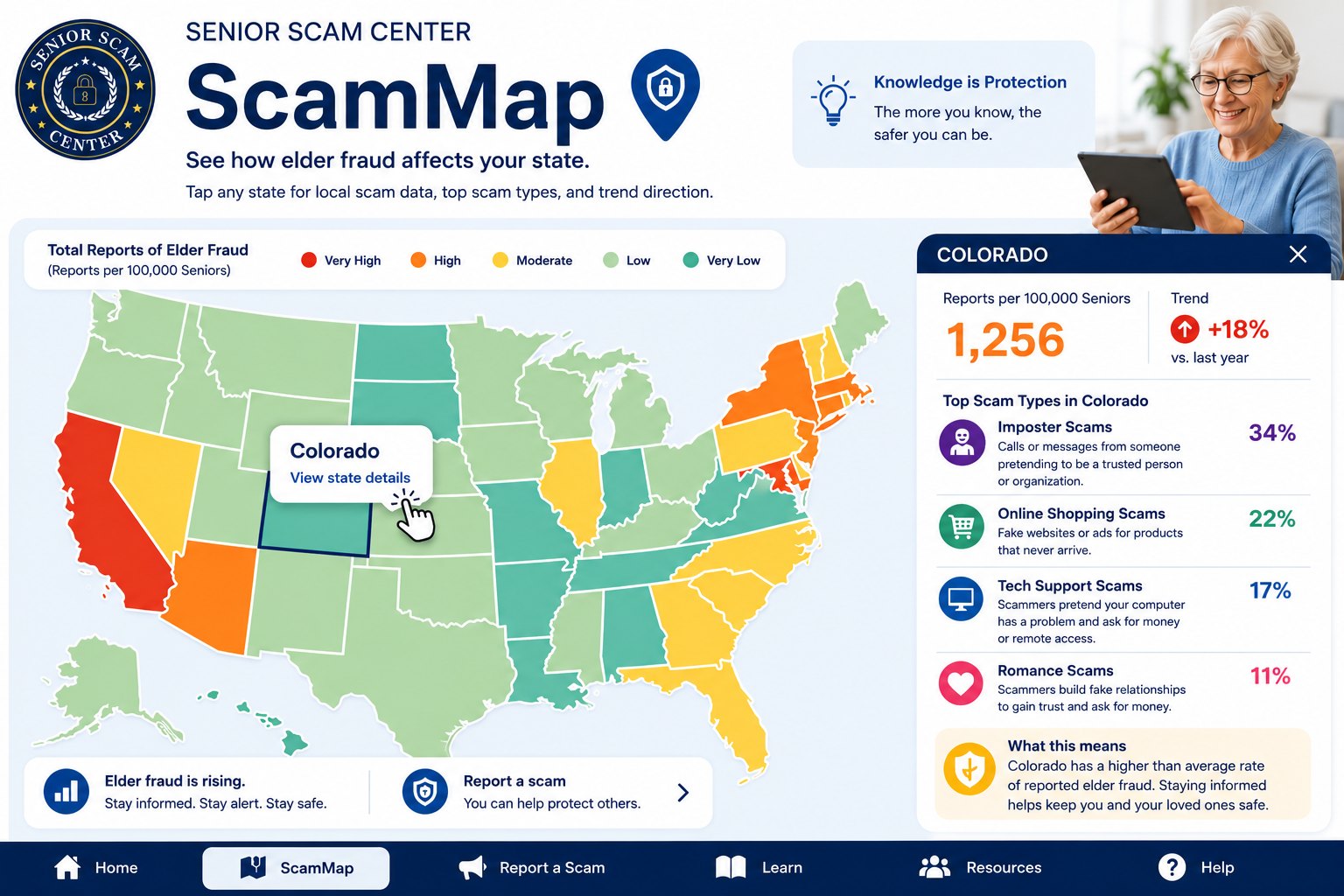 Senior Scam Center ScamMap — see how elder fraud affects your state. Tap any state for local scam data, top scam types, and trend direction.