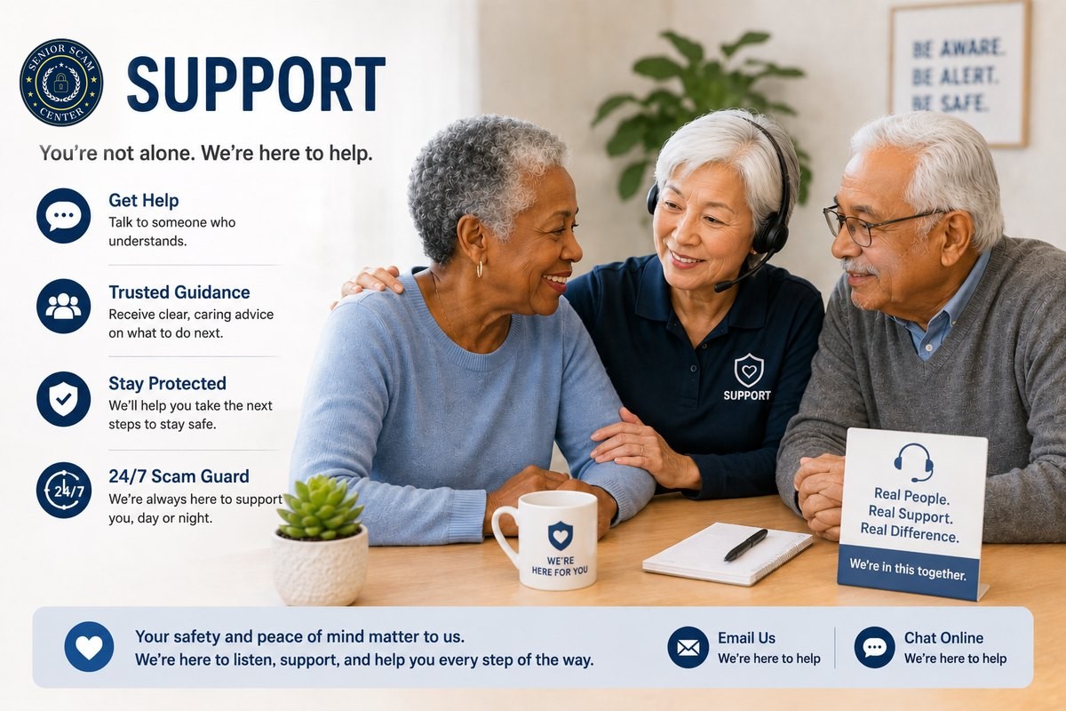 Support — You're not alone. We're here to help. Talk to someone who understands, receive trusted guidance, stay protected, and reach 24/7 Scam Guard support any time.