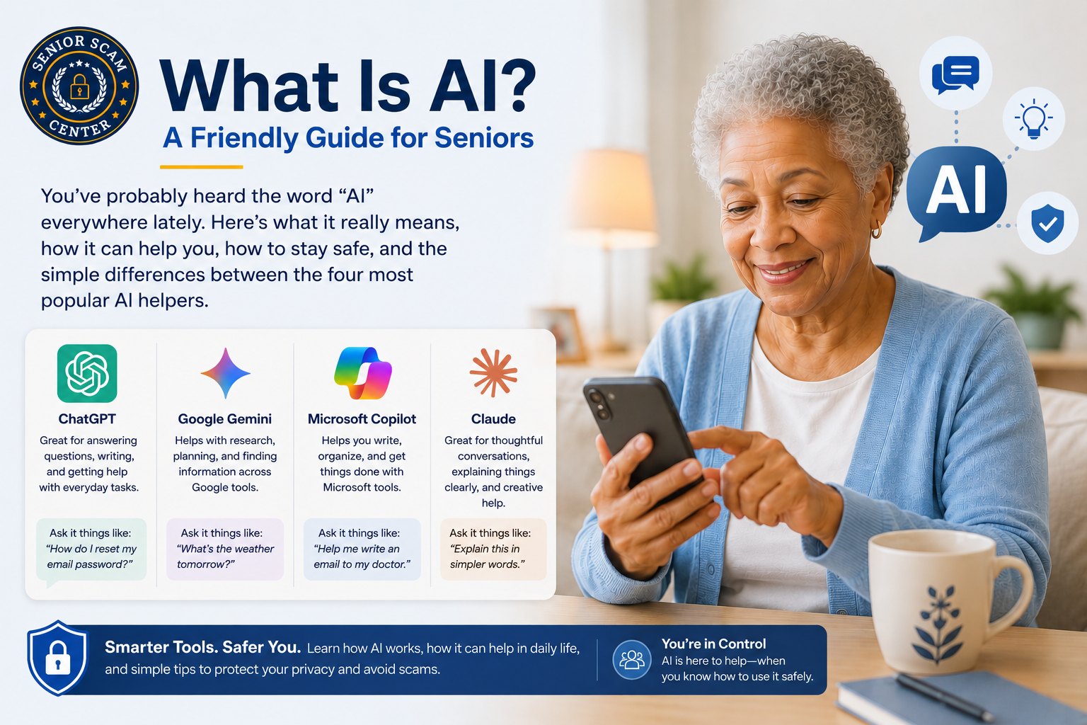What Is AI? A Friendly Guide for Seniors — a plain-language guide covering what AI means, how it can help you, how to stay safe, and the simple differences between ChatGPT, Google Gemini, Microsoft Copilot, and Claude.